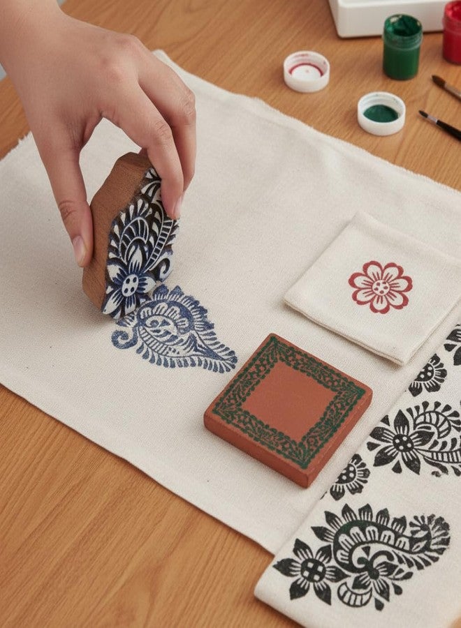 KHUSHA CREATIONS Wooden Printing Block Set for Fabric, Clay & Paper | Floral & Paisley Hand-Carved Stamps for Block Printing, Rangoli, Craft, Mehndi Design (Set of 4) - Image 3